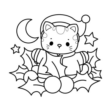 Yılbaşı temalı yapıştırma ve albüm için Kawaii hayvan kedisini boyamak. Kiraz bitkilerinin ortasındaki Noel Baba kedisinin ana hatları.