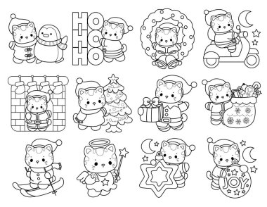 Yılbaşı temalı yapıştırma ve albüm için Kawaii hayvan kedisini boyamak. Noel arifesinde kedinin ana hatları