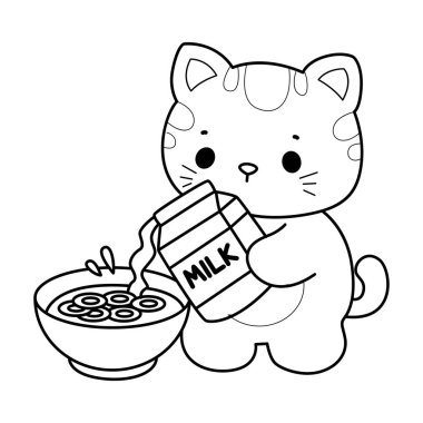 Albüm ve çıkartma için Kawaii hayvan kedisini boyamak. Kedinin mısır gevreği kasesine süt dökmesi.