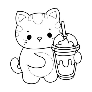 Albüm ve çıkartma için Kawaii hayvan kedisini boyamak. Kedi taslağı Bir milkshake getir