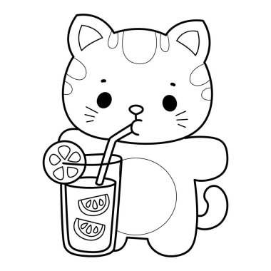 Albüm ve çıkartma için Kawaii hayvan kedisini boyamak. Portakal suyu içen kedinin taslağı