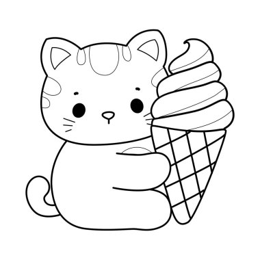 Albüm ve çıkartma için Kawaii hayvan kedisini boyamak. Kedi çizgisi Çilekli dondurma getir