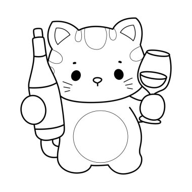 Albüm ve çıkartma için Kawaii hayvan kedisini boyamak. Kedinin taslağı Şarap getir