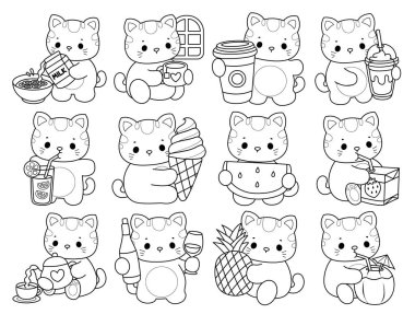 Albüm ve çıkartma için Kawaii hayvan kedisini boyamak. Kedinin içki ve içecek çeşitlerinin ana hatları.