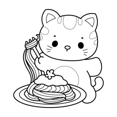 Albüm ve çıkartma için Kawaii hayvan kedisini boyamak. Kedi taslağı spagetti yemek istiyor.