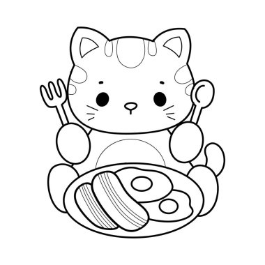 Albüm ve çıkartma için Kawaii hayvan kedisini boyamak. Kedinin dış hatları pastırma ve yumurta yemek istiyor.