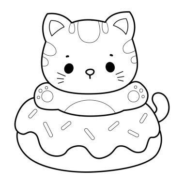 Albüm ve çıkartma için Kawaii hayvan kedisini boyamak. Çöreğe sıkışmış kedi çizgisi