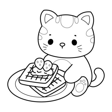 Albüm ve çıkartma için Kawaii hayvan kedisini boyamak. Kedi çizgisi Çilekli ekmek getir