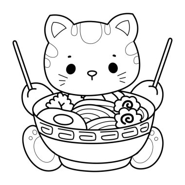 Albüm ve çıkartma için Kawaii hayvan kedisini boyamak. Kedinin ana hatları ramen yemek istiyor.