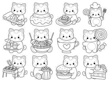 Albüm ve çıkartma için Kawaii hayvan kedisini boyamak. Fast food ve tatlı çeşitlerinin ana hatları.