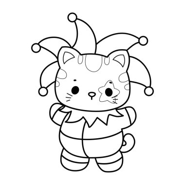 Cadılar Bayramı temalı yapıştırma ve albüm için Kawaii hayvan kedisini boyama sayfaları. Palyaço kostümü giyen kedi çizgisi.