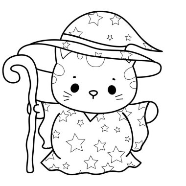 Cadılar Bayramı temalı yapıştırma ve albüm için Kawaii hayvan kedisini boyama sayfaları. Cadı kostümü giymiş kedi çizgisi.
