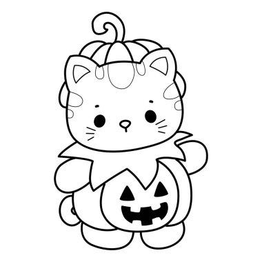 Cadılar Bayramı temalı yapıştırma ve albüm için Kawaii hayvan kedisini boyama sayfaları. Kabak kostümü giymiş kedi çizgisi
