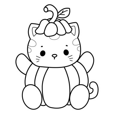 Cadılar Bayramı temalı yapıştırma ve albüm için Kawaii hayvan kedisini boyama sayfaları. Kabak kostümü giymiş kedi çizgisi