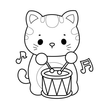 Çeşitli aktiviteleri olan bir grup sevimli kedi. Albüm ve çıkartma için Kawaii hayvan yavrusu. Karnavalda davul çalan kedi taslağı.