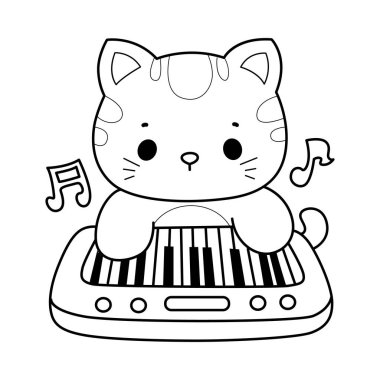 Çeşitli aktiviteleri olan bir grup sevimli kedi. Albüm ve çıkartma için Kawaii hayvan yavrusu. Piyano çalan kedi taslağı