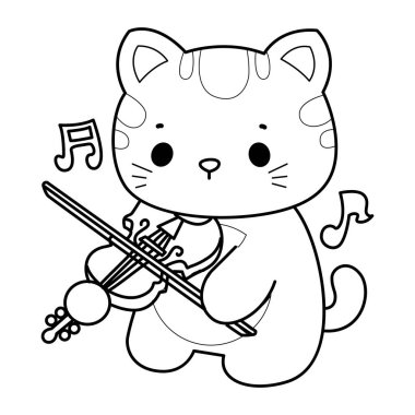 Çeşitli aktiviteleri olan bir grup sevimli kedi. Albüm ve çıkartma için Kawaii hayvan yavrusu. Keman çalan kedinin taslağı