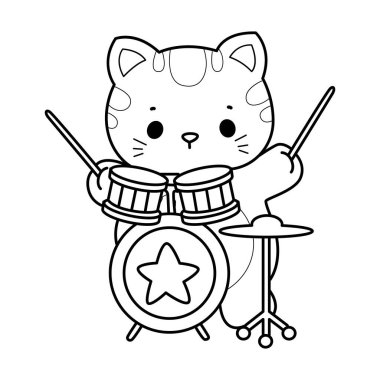Çeşitli aktiviteleri olan bir grup sevimli kedi. Albüm ve çıkartma için Kawaii hayvan yavrusu. Grupta davul çalan kedi taslağı.