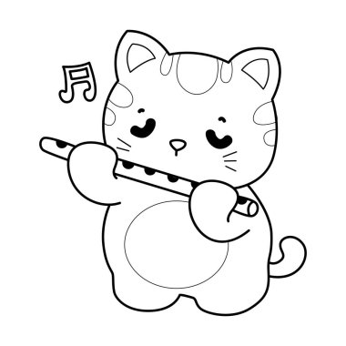 Çeşitli aktiviteleri olan bir grup sevimli kedi. Albüm ve çıkartma için Kawaii hayvan yavrusu. Flüt çalan kedi taslağı