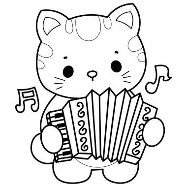 Çeşitli aktiviteleri olan bir grup sevimli kedi. Albüm ve çıkartma için Kawaii hayvan yavrusu. Akordeon çalan kedi taslağı