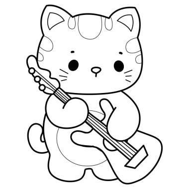 Çeşitli aktiviteleri olan bir grup sevimli kedi. Albüm ve çıkartma için Kawaii hayvan yavrusu. Gitar çalan kedinin taslağı