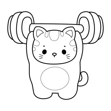 Çeşitli aktiviteleri olan bir grup sevimli kedi. Albüm ve çıkartma için Kawaii hayvan yavrusu. Bir dambılı kaldıran kedinin ana hatları