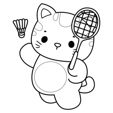 Çeşitli aktiviteleri olan bir grup sevimli kedi. Albüm ve çıkartma için Kawaii hayvan yavrusu. Badminton oynayan kedi taslağı