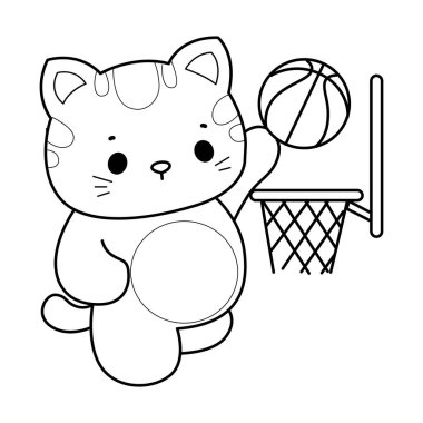 Çeşitli aktiviteleri olan bir grup sevimli kedi. Albüm ve çıkartma için Kawaii hayvan yavrusu. Basketbol oynayan kedi taslağı