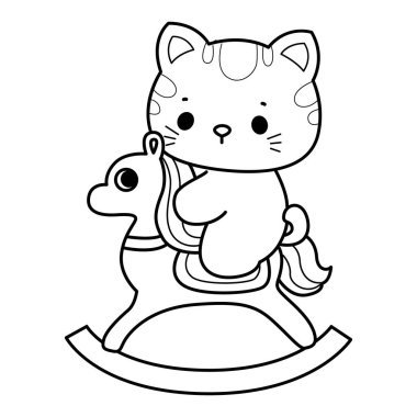 Çeşitli aktiviteleri olan bir grup sevimli kedi. Albüm ve çıkartma için Kawaii hayvan yavrusu. Kayalık ata binen kedi çizgisi