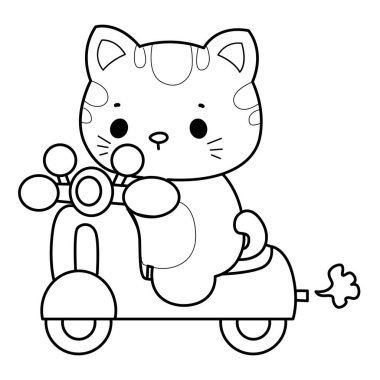 Çeşitli aktiviteleri olan bir grup sevimli kedi. Albüm ve çıkartma için Kawaii hayvan yavrusu. Mobilete binen kedi taslağı.