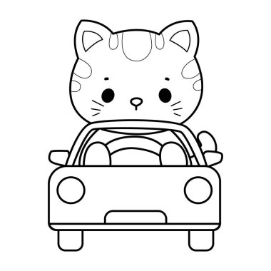 Çeşitli aktiviteleri olan bir grup sevimli kedi. Albüm ve çıkartma için Kawaii hayvan yavrusu. Araba süren bir kedinin taslağı.