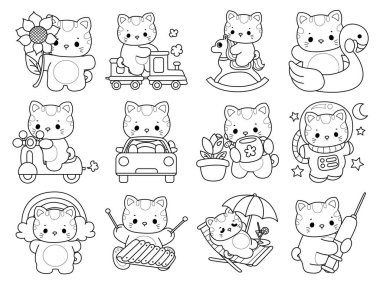 Çeşitli aktiviteleri olan bir grup sevimli kedi. Albüm ve çıkartma için Kawaii hayvan yavrusu. Ulaşım çeşitliliğindeki kedi ana hatları