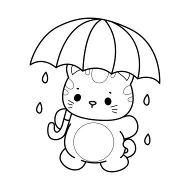 Çeşitli aktiviteleri olan bir grup sevimli kedi. Albüm ve çıkartma için Kawaii hayvan yavrusu. Kedi taslağı, şemsiye getir.