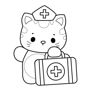 Çeşitli aktiviteleri olan bir grup sevimli kedi. Albüm ve çıkartma için Kawaii hayvan yavrusu. Kedi taslağı, ilk yardım çantası getir.