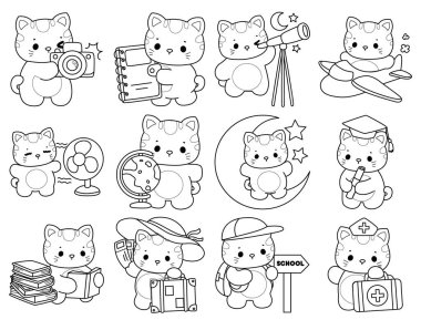 Çeşitli aktiviteleri olan bir grup sevimli kedi. Albüm ve çıkartma için Kawaii hayvan yavrusu. Akıllı ve eğitimli kedi türünün ana hatları