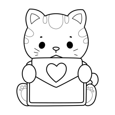 Çeşitli aktiviteleri olan bir grup sevimli kedi. Albüm ve çıkartma için Kawaii hayvan yavrusu. Kedi taslağı Aşk mektubu getir