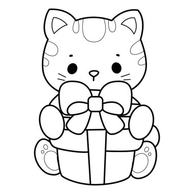 Çeşitli aktiviteleri olan bir grup sevimli kedi. Albüm ve çıkartma için Kawaii hayvan yavrusu. Kedi taslağı Hediye kutusu getir