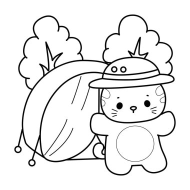 Çeşitli aktiviteleri olan bir grup sevimli kedi. Albüm ve çıkartma için Kawaii hayvan yavrusu. Kamptaki kedi taslağı.