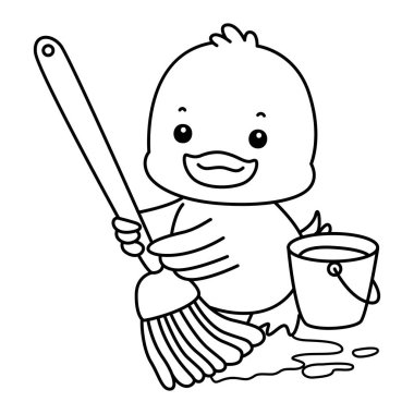 Şirin ördek ikonu. Komik bebek ördek hayvan serisi örnekleri. Yumuşak Ördek Tasarımları 'nın hayatı. Ördeğin ana hatları yerleri paspas ve kovayla temizliyor.