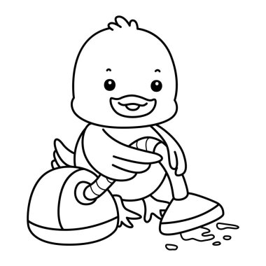 Şirin ördek ikonu. Komik bebek ördek hayvan serisi örnekleri. Yumuşak Ördek Tasarımları 'nın hayatı. Ördeğin ana hatları yerleri elektrik süpürgesiyle temizliyor.