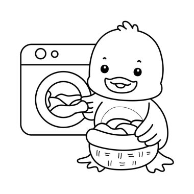 Şirin ördek ikonu. Komik bebek ördek hayvan serisi örnekleri. Yumuşak Ördek Tasarımları 'nın hayatı. Çamaşır makinesinde çamaşır yıkayan ördeğin taslağı.