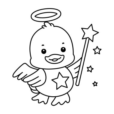 Şirin Ördek Noel vektör ikonu. Komik bebek ördek hayvan serisi Noel illüstrasyonu. Melek kostümü giymiş ördek çizgisi