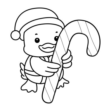 Şirin Ördek Noel vektör ikonu. Komik bebek ördek hayvan serisi Noel illüstrasyonu. Noel Baba ördeği çizgisi Çubuk şeker getir