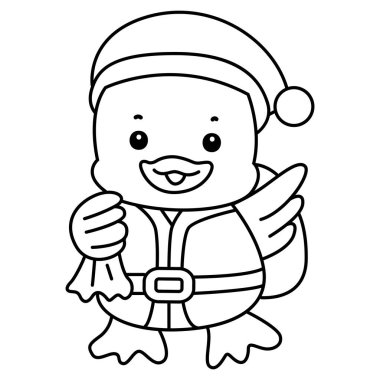 Şirin Ördek Noel vektör ikonu. Komik bebek ördek hayvan serisi Noel illüstrasyonu. Noel Baba Ördeği 'nin taslağı bir sürü hediye getirdi.