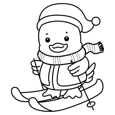 Şirin Ördek Noel vektör ikonu. Komik bebek ördek hayvan serisi Noel illüstrasyonu. Santa Duck 'ın buz pateni oynaması.