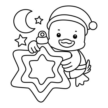 Şirin Ördek Noel vektör ikonu. Komik bebek ördek hayvan serisi Noel illüstrasyonu. Noel Baba ördeği çizgisi Sarı bir yıldız getir