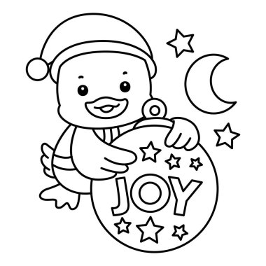 Şirin Ördek Noel vektör ikonu. Komik bebek ördek hayvan serisi Noel illüstrasyonu. Noel Baba ördeğinin sevinç dekoruna sarılışının ana hatları.