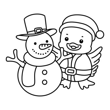 Şirin Ördek Noel vektör ikonu. Komik bebek ördek hayvan serisi Noel illüstrasyonu. Kardan adamla Noel Baba Ördeği taslağı