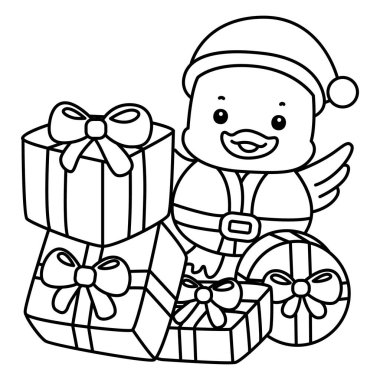 Şirin Ördek Noel vektör ikonu. Komik bebek ördek hayvan serisi Noel illüstrasyonu. Bir sürü hediye kutusu olan Noel Baba Ördeği 'nin taslağı.