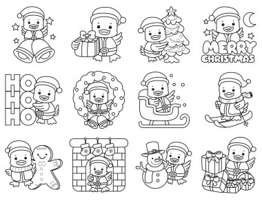 Şirin Ördek Noel vektör ikonu. Komik bebek ördek hayvan serisi Noel illüstrasyonu. Ördeğin ana hatları noel kostümü çeşitleri.